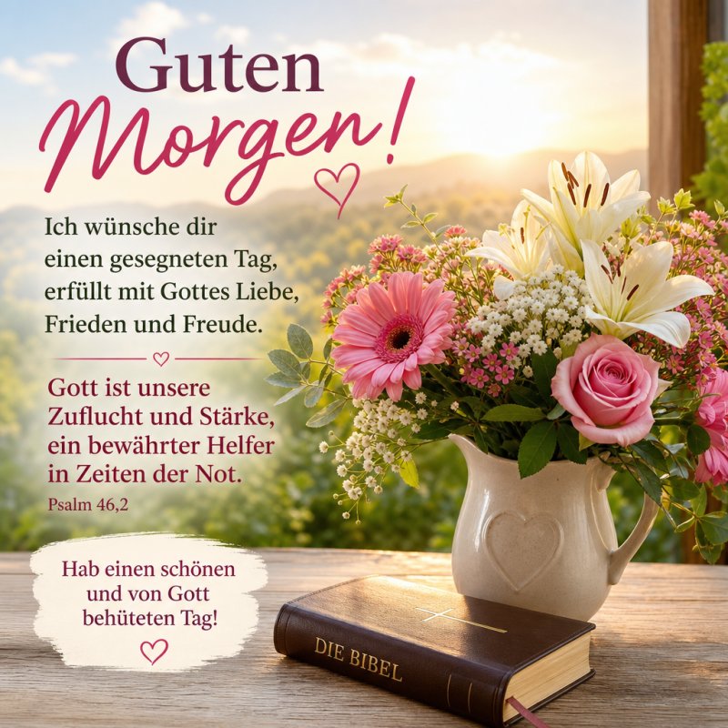 Ein Blumenstrauß mit rosa Rosen und Gänseblümchen steht neben einer Bibel im Vordergrund eines sonnigen Morgens, begleitet von einem herzlichen Guten-Morgen-Gruß.