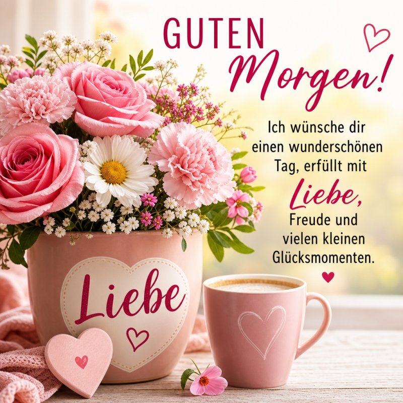 Ein zarter Guten-Morgen-Gruß mit rosa Rosen- und Gänseblümchenstrauß in einer Liebestasse neben einer Herzkaffee und kleinen Herzen.
