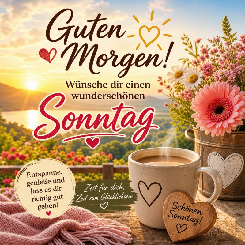 Ein fröhlicher Guten-Morgen-Gruß mit einer Tasse Kaffee, einem Blumenstrauß und Sonnenschein über einem idyllischen See am Sonntagmorgen.