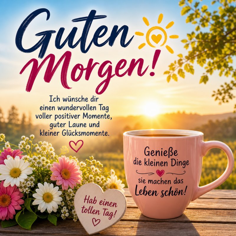 Ein Guten-Morgen-Gruß mit einer rosa Tasse Kaffee und einem bunten Blumenstrauß auf einem Tisch im Sonnenaufgang, daneben ein Herz mit Botschaft.