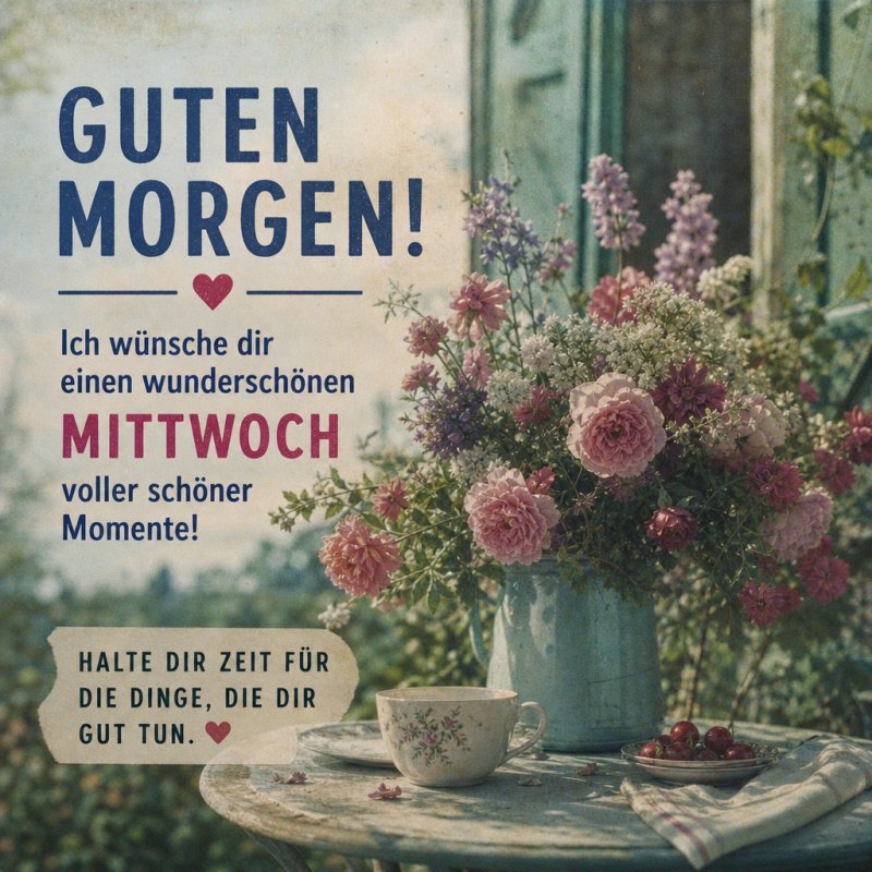 Ein rustikaler Tisch mit einer Blumenvase voller Rosen und Lavendel sowie einer Tasse Kaffee und Kirschen symbolisiert einen Guten-Morgen-Gruß am Mittwoch.