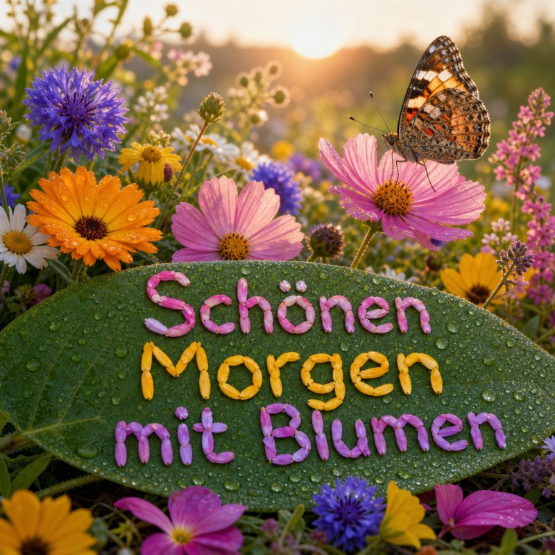 Guten-Morgen-Gruß mit Blumen: Ein Schmetterling auf einer Margerite im Morgentau, mit leuchtenden Blüten in einem sanften Foto einer wilden Gartenlandschaft.