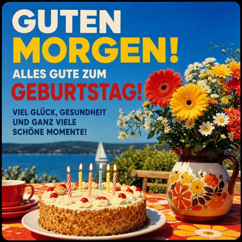 Ein fröhlicher Guten-Morgen-Gruß zeigt eine Geburtstagstorte mit Kerzen, bunte Blumen in einer Vase und einen Ausblick auf einen sonnigen See.