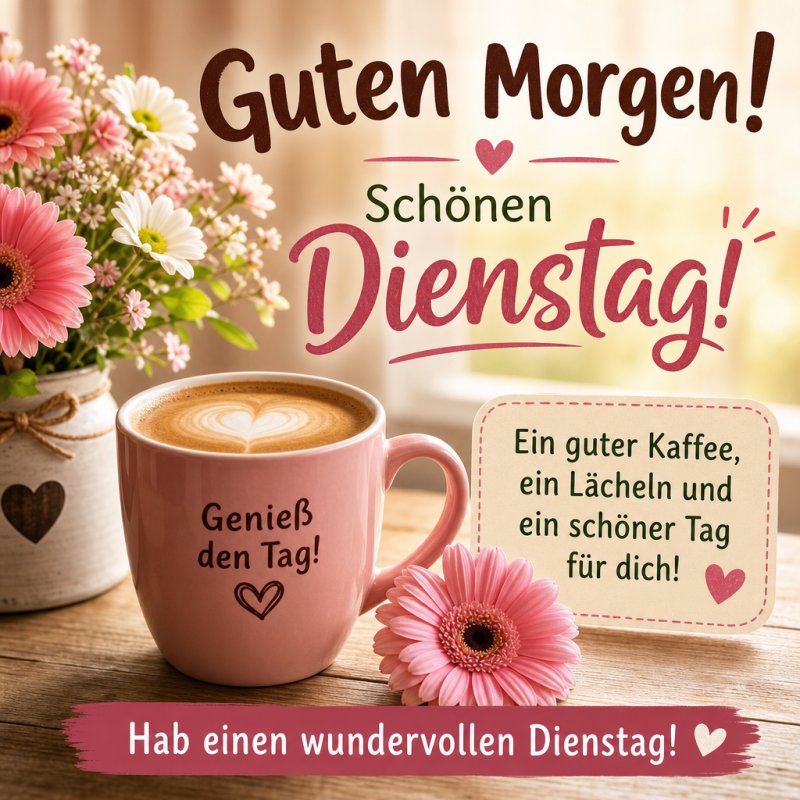 Ein herzlicher Guten-Morgen-Gruß mit einer rosa Kaffeetasse, Blumenarrangement und fröhlichem Dienstagstext auf einem Holztisch.
