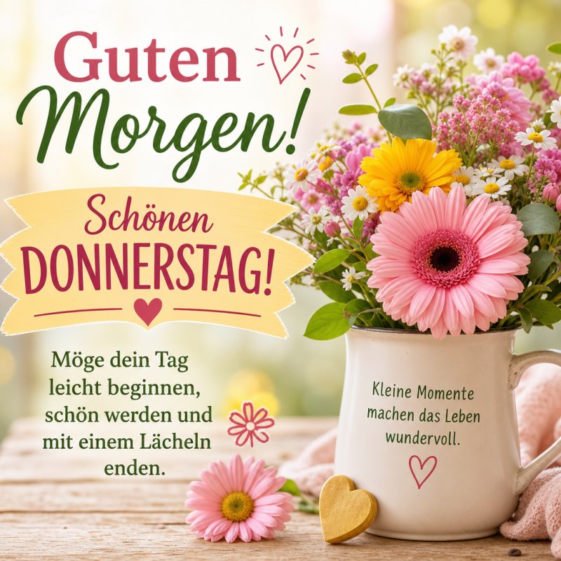 Ein blumiger Guten-Morgen-Gruß zeigt ein Arrangement aus rosa Gerbera und gelben Blumen in einem Becher auf Holzoberfläche, dazu herzliche Donnerstag-Wünsche.