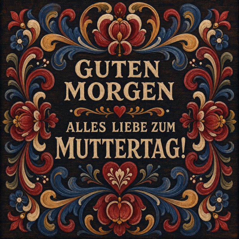 Ein kunstvoller Guten-Morgen-Gruß mit buntem, floralen Design und dem Text 'Alles Liebe zum Muttertag' auf dunklem Hintergrund.