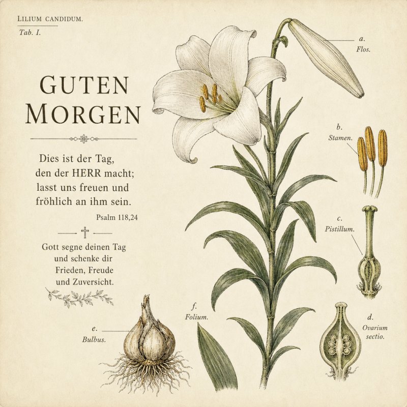 Eine botanische Illustration einer weißen Lilie mit Bibelvers, die als Guten-Morgen-Gruß Freude und Zuversicht ausstrahlt.