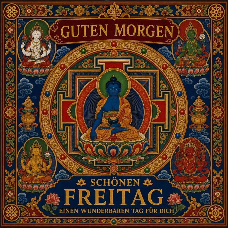 Ein farbenfroher Guten-Morgen-Gruß zeigt eine buddhistische Darstellung mit Mandala-Muster, sitzenden Figuren und Blumenmotiven für einen schönen Freitag.