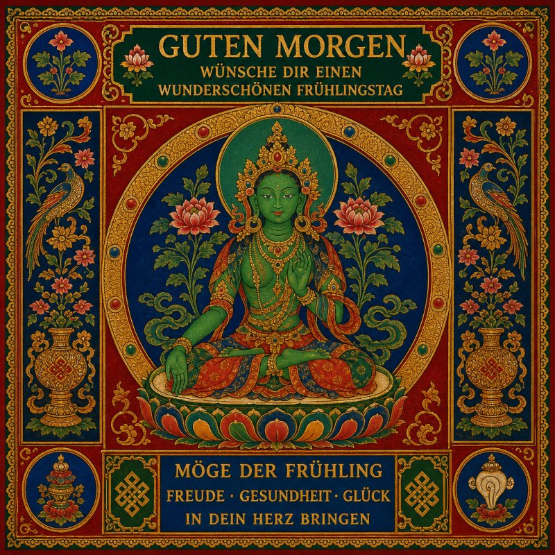Ein farbenfroher Buddhismus-inspirierter Guten-Morgen-Gruß zeigt eine grüne, meditierende Figur umgeben von Blumen, die Frieden und Frühling ausstrahlt.