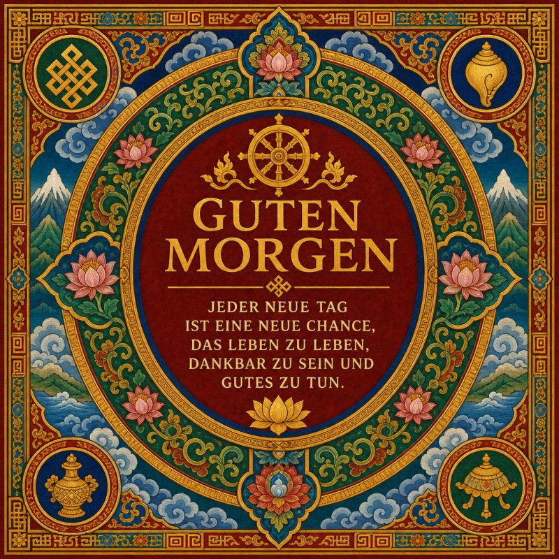 Ein aufwendiges buddhistisches Mandala mit Blumen, Bergen und Symbolen umrahmt den Guten-Morgen-Gruß in einem harmonischen, spirituellen Design.