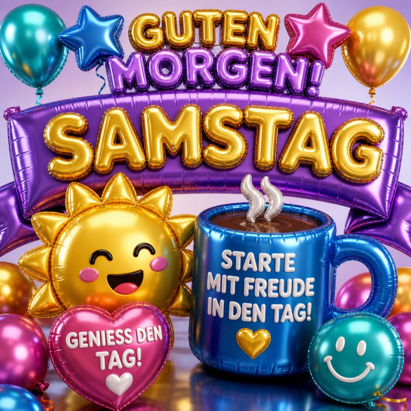 Ein strahlender Guten-Morgen-Gruß mit farbenfrohen Ballons, einer lächelnden Sonne und einer großen blauen Tasse mit dampfendem Kaffee für Samstag.