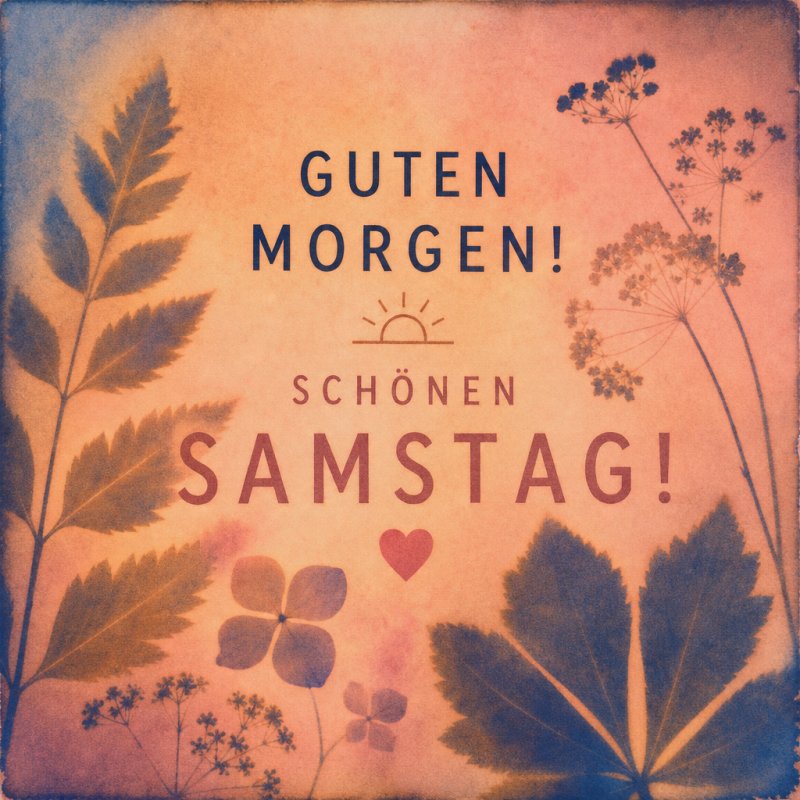 Ein Guten-Morgen-Gruß mit herbstlichen Blättern und Blumen in warmen Farbtönen begrüßt den schönen Samstag.
