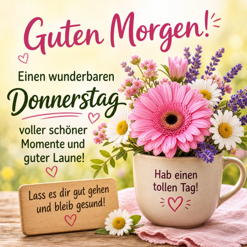 Eine Guten-Morgen-Grußkarte mit pinken und weißen Blumen in einer Tasse, dazu herzliche Wünsche für einen wunderbaren Donnerstag in fröhlichen Farben.