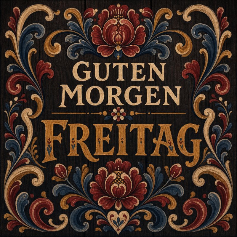 Ein kunstvoll blumig dekoriertes Design mit der Aufschrift 'Guten Morgen Freitag', das in warmen Rot-, Blau- und Goldtönen gehalten ist, strahlt traditionellen Charme aus.