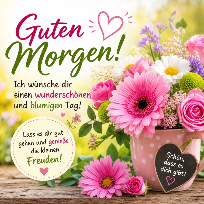 Ein lebendiger Guten-Morgen-Gruß mit bunten Blumen in einem rosa Punkte-Topf vor einem blumigen Hintergrund, der einen farbenfrohen und frohen Tag wünscht.