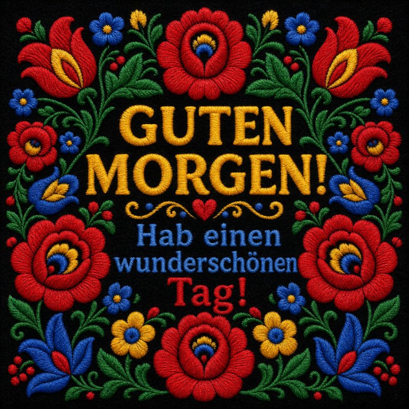 Eine farbenfrohe Blumenstickerei mit roten, gelben und blauen Blüten und der Aufschrift 'Guten Morgen', ideal für einen guten Start in den Tag.
