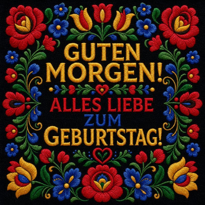 Ein stilvoller Guten-Morgen-Gruß mit farbenfrohen gestickten Blumen und der Botschaft 'Alles Liebe zum Geburtstag' auf schwarzem Hintergrund.