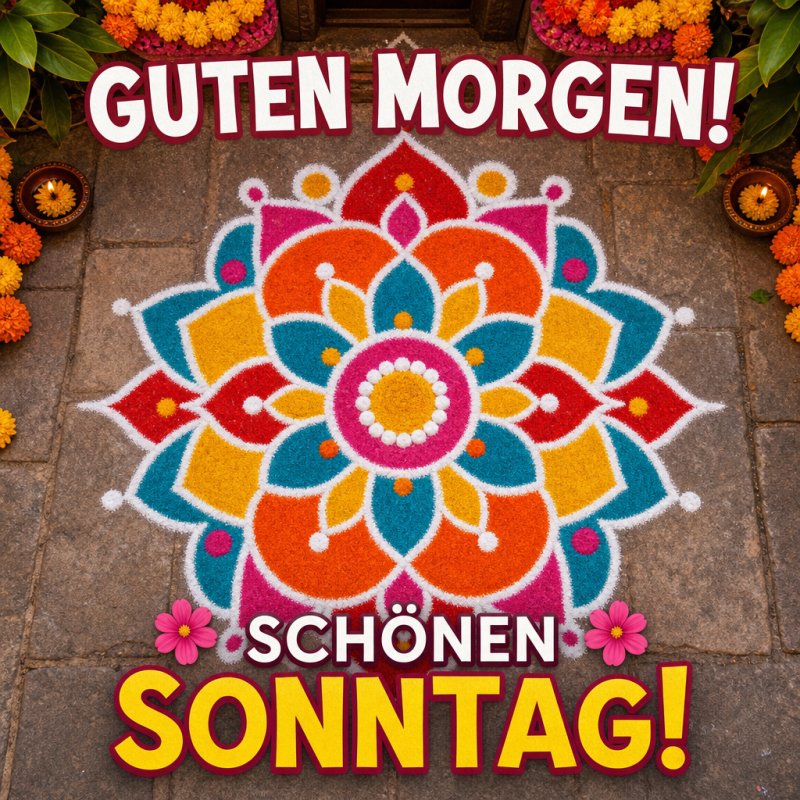 Ein farbenfrohes Blütenmandala aus Blütenblättern und Blättern dekoriert den Boden, umgeben von Blumen, als Teil eines Guten-Morgen-Grußes für Sonntag.