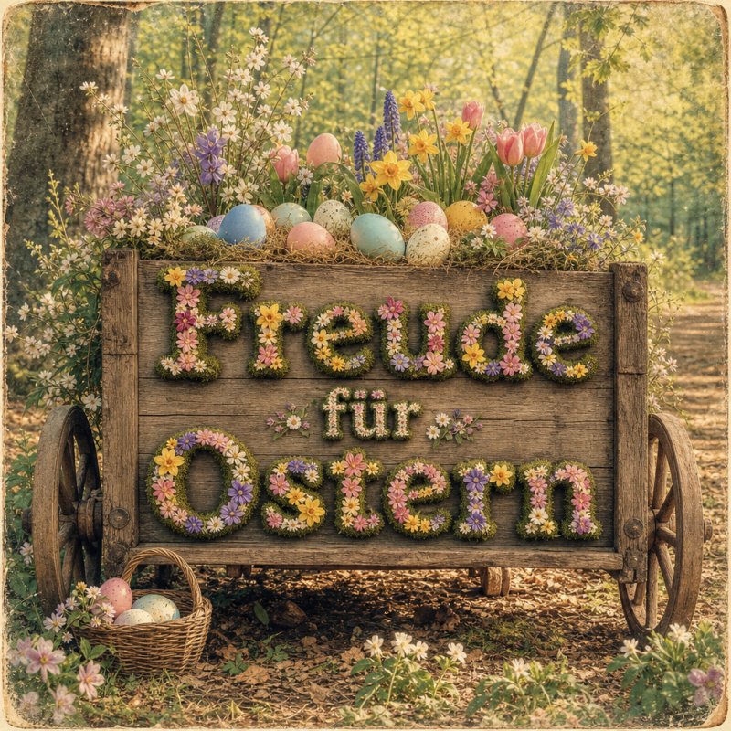 Guten-Morgen-Gruß als vintage Postkarte: Ein hölzerner Wagen voller bunter Eier und Blumen steht in einem Wald, beleuchtet von morgendlichen Sonnenstrahlen.
