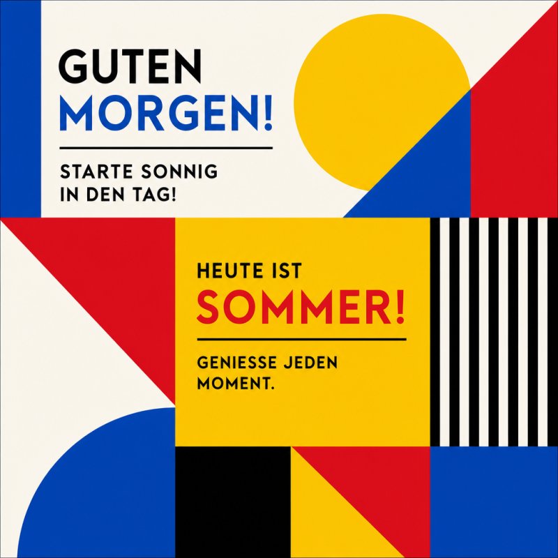 Eine farbenfrohe Guten-Morgen-Grußkarte mit gelben, blauen und roten geometrischen Formen und der Aufschrift 'Heute ist Sommer!'. Ende.
