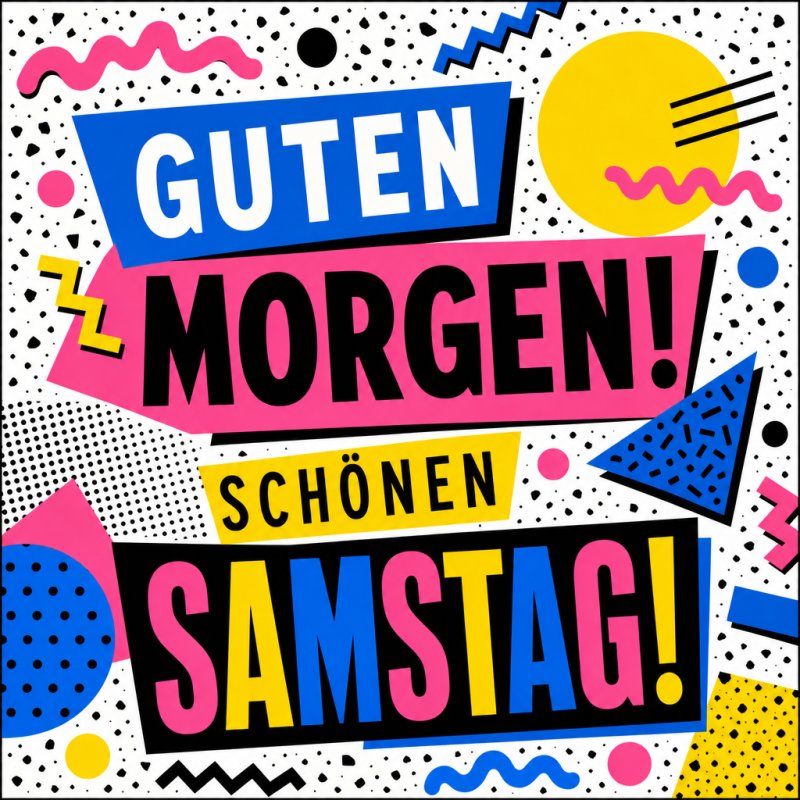Ein farbenfroher Guten-Morgen-Gruß für Samstag mit geometrischen Mustern in Blau, Gelb, Pink und Schwarz auf einem gepunkteten Hintergrund.