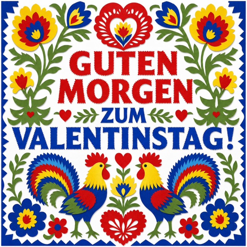 Ein farbenfrohes Valentinstag-Design mit zwei Hähnen, stilisierten Blumen und einem herzlichen Guten-Morgen-Gruß in kräftigen Farben.