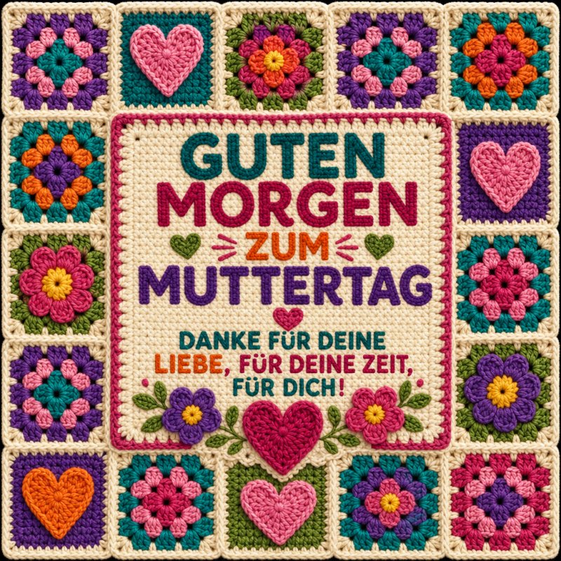 Ein buntes Häkelmuster mit Blumen und Herzen umrahmt den Text "Guten Morgen zum Muttertag" und erzeugt einen herzlichen Guten-Morgen-Gruß für Mütter.