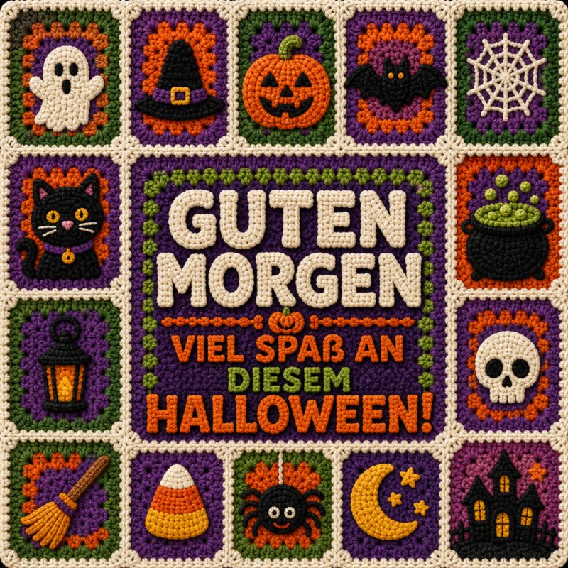 Eine farbenfrohe Häkelarbeit mit Halloween-Motiven wie Geistern, Kürbissen und Fledermäusen umrahmt den Guten-Morgen-Gruß.