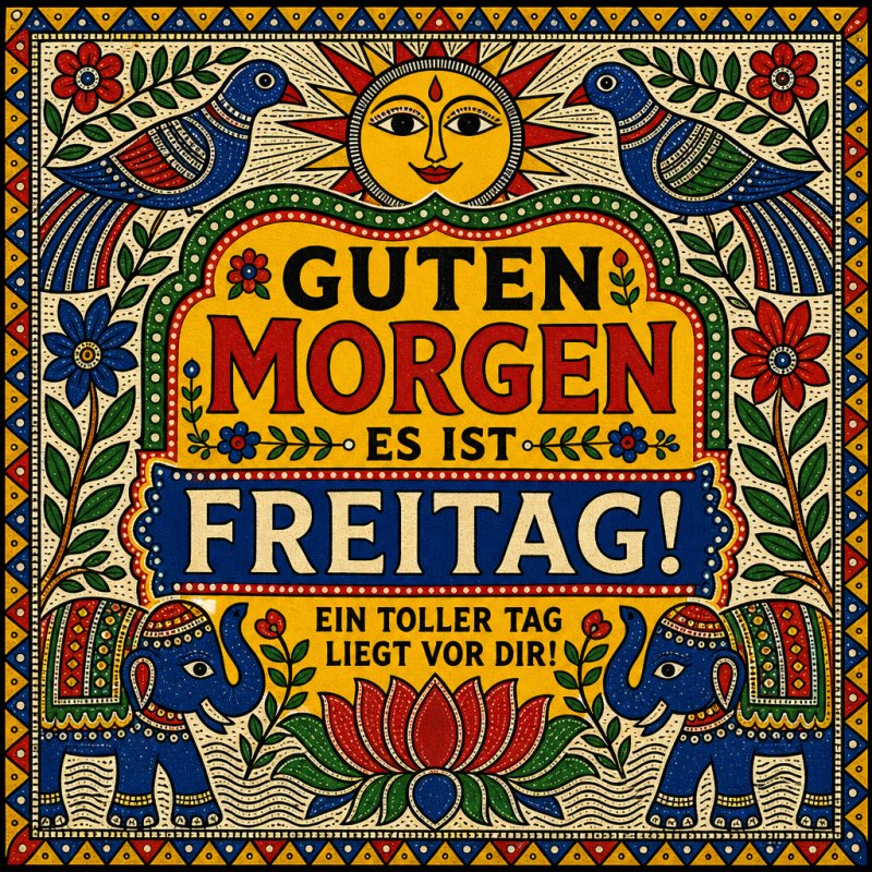 Bunt gestaltete Karte mit Elefanten, Pfauen und einer Sonne im indischen Stil, die einen farbenfrohen Guten-Morgen-Gruß für Freitag zeigt.