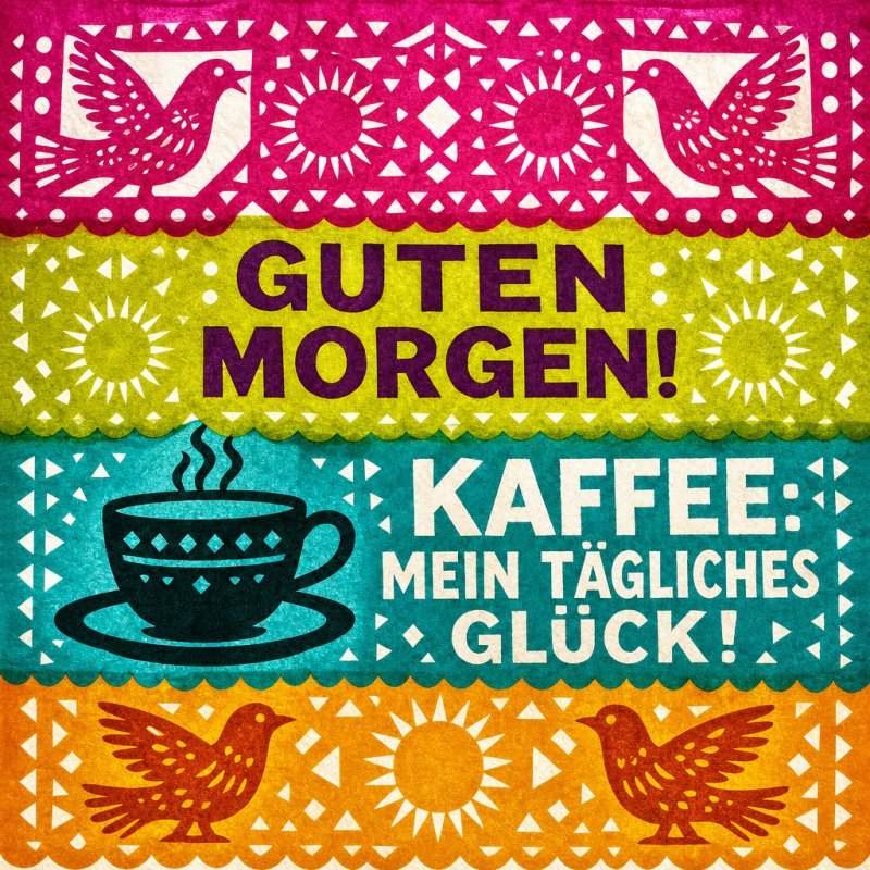 Ein bunter Guten-Morgen-Gruß mit kunstvollen Vögeln und einer dampfenden Kaffeetasse in kräftigen Farben und geometrischen Mustern.