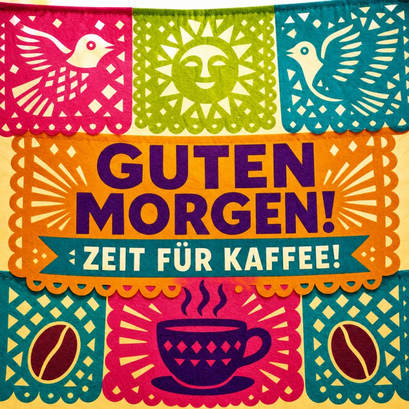Farbenfrohe Motive mit Sonne, Tauben und Kaffeetasse umgeben den Schriftzug 'Guten Morgen! Zeit für Kaffee!' auf einer fröhlichen Grußkarte.