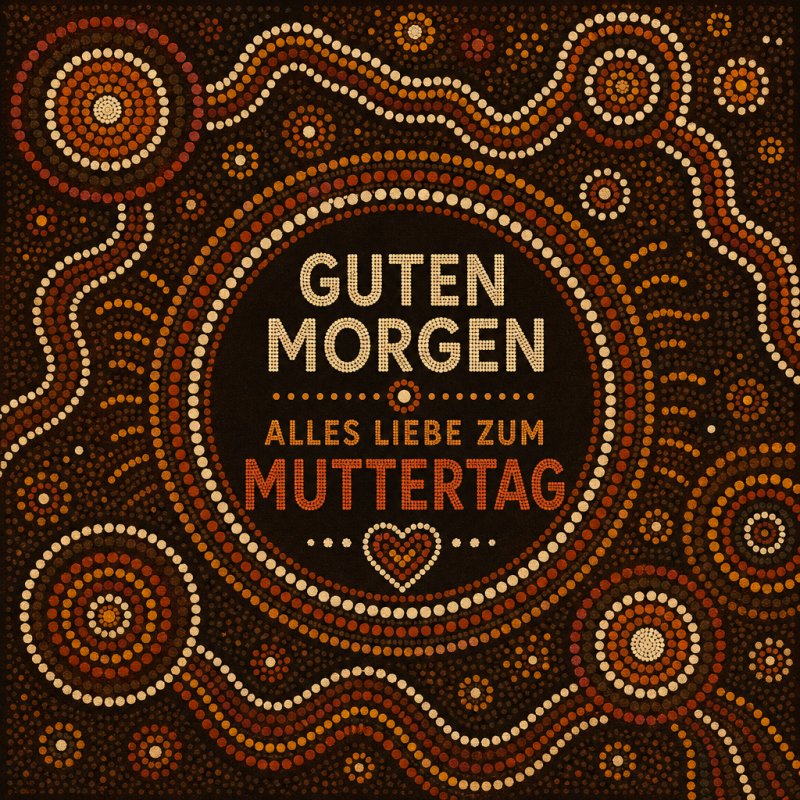 Ein warmes, kreisförmiges Muster in Erdtönen mit der Aufschrift 'Guten Morgen, Alles Liebe zum Muttertag' verleiht dem Gruß eine herzliche Note.
