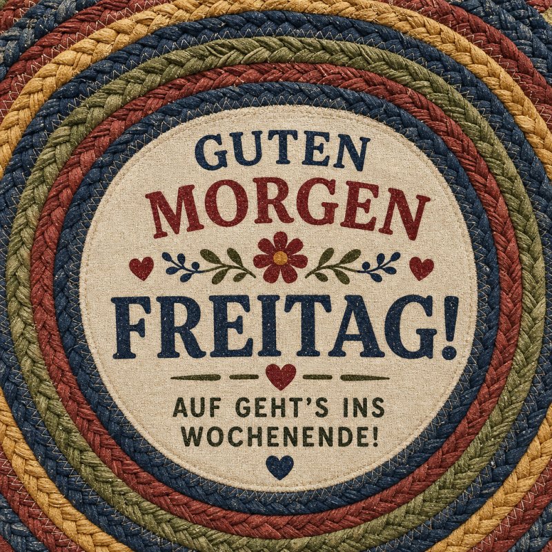 Ein bunter, gestickter Kreis mit dem Text 'Guten Morgen Freitag' in der Mitte sendet einen fröhlichen Guten-Morgen-Gruß zum Start ins Wochenende.