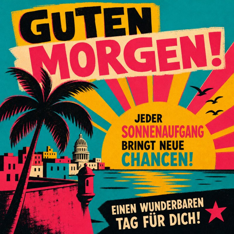 Bunte Küstenstadt mit Palme bei Sonnenaufgang, der Himmel ist in leuchtenden Farben gestaltet, begleitet von einem motivierenden Guten-Morgen-Gruß.