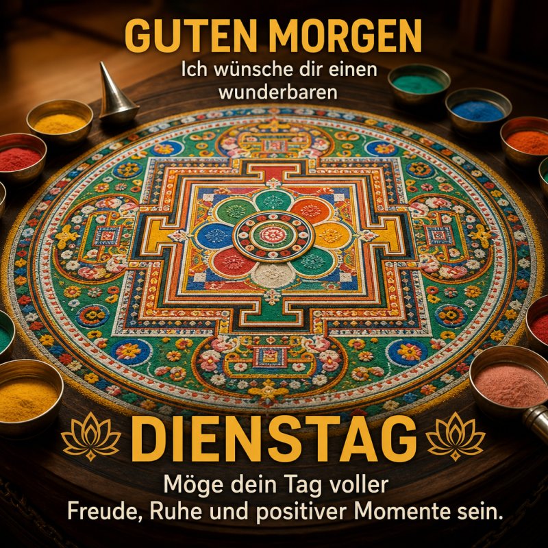 Ein kunstvoll gestaltetes Mandala aus farbigem Sand ziert die Mitte einer Holzplatte, umgeben von Schalen mit Pigmenten, als stimmungsvoller Guten-Morgen-Gruß.