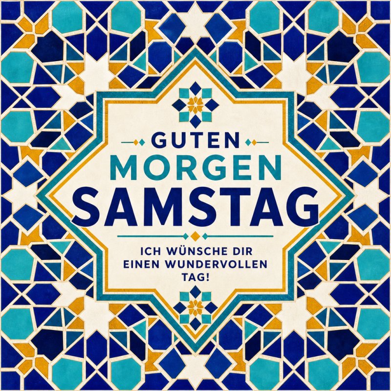 Eine Guten-Morgen-Grußkarte mit komplexem blauen, goldenen und weißen Mosaikmuster und dem Text 'Guten Morgen Samstag' in der Mitte.