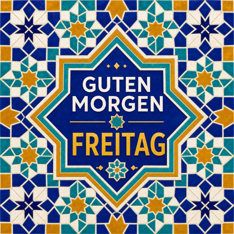 Ein farbenfrohes Mosaikmuster mit geometrischen Formen ziert diesen Guten-Morgen-Gruß für Freitag und verleiht ihm eine lebendige, optimistische Stimmung.