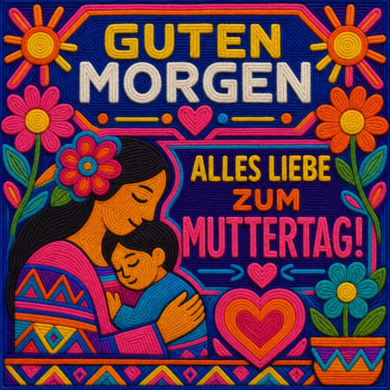 Ein farbenfrohes Design zeigt eine Mutter, die ihr Kind umarmt, umrahmt von Blumen und einem Herz, mit dem textlichen Guten-Morgen-Gruß zum Muttertag.