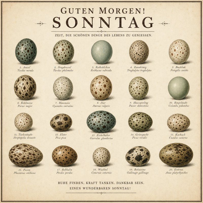Eine nostalgische Illustration zeigt sechzehn verschiedene, farbenfrohe Vogeleier als Teil eines Guten-Morgen-Grußes für einen entspannten Sonntag.