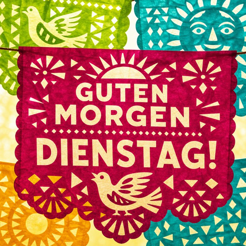 Ein bunter Papierbanner im mexikanischen Stil mit Sonnen- und Taubenmotiven und dem Text ‚Guten Morgen Dienstag‘ strahlt fröhliche Stimmung für einen Guten-Morgen-Gruß aus.