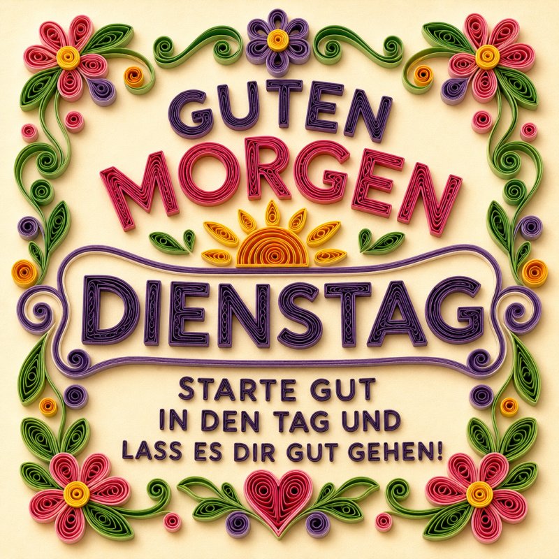 Eine bunte Papierquilling-Karte mit Blumen und Sonne als Guten-Morgen-Gruß für Dienstag, die einen fröhlichen Start in den Tag vermittelt.