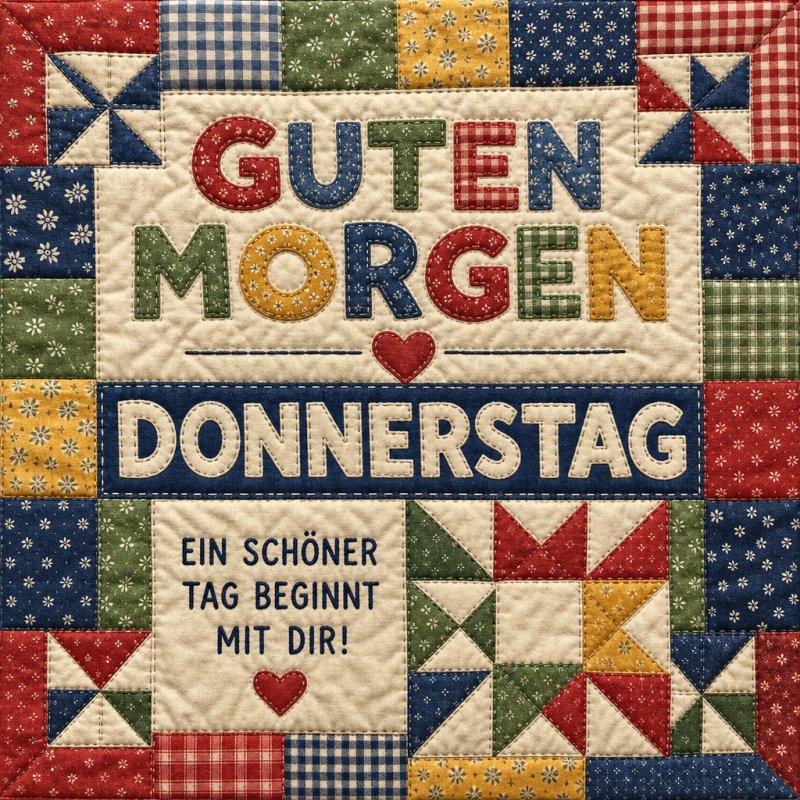 Ein farbenfrohes Patchwork-Design mit großen Buchstaben und Herzmotiv vermittelt einen fröhlichen Guten-Morgen-Gruß für den Donnerstag.