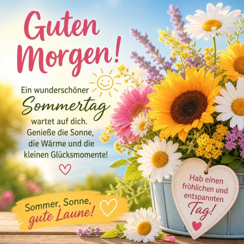 Ein fröhlicher Guten-Morgen-Gruß mit verschiedenen farbigen Sommerblumen in einem Topf und freundlichen Grüßen auf einem Holzetikett unter blauem Himmel.