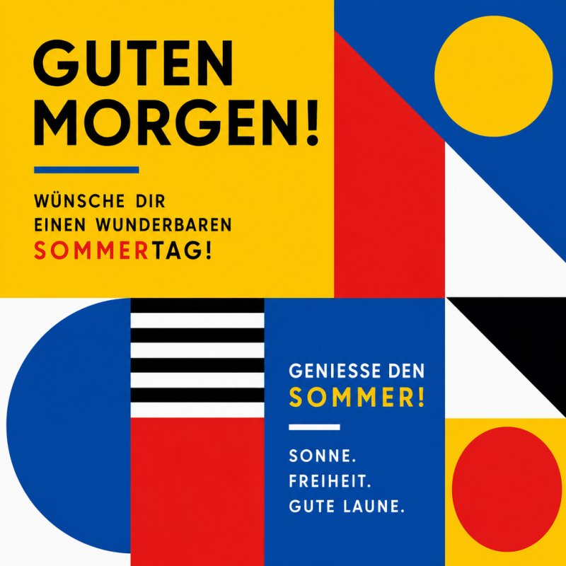 Ein farbenfroher Guten-Morgen-Gruß mit geometrischen Formen in Blau, Rot, Gelb und Schwarz, begleitet von sommerlichen Wünschen.