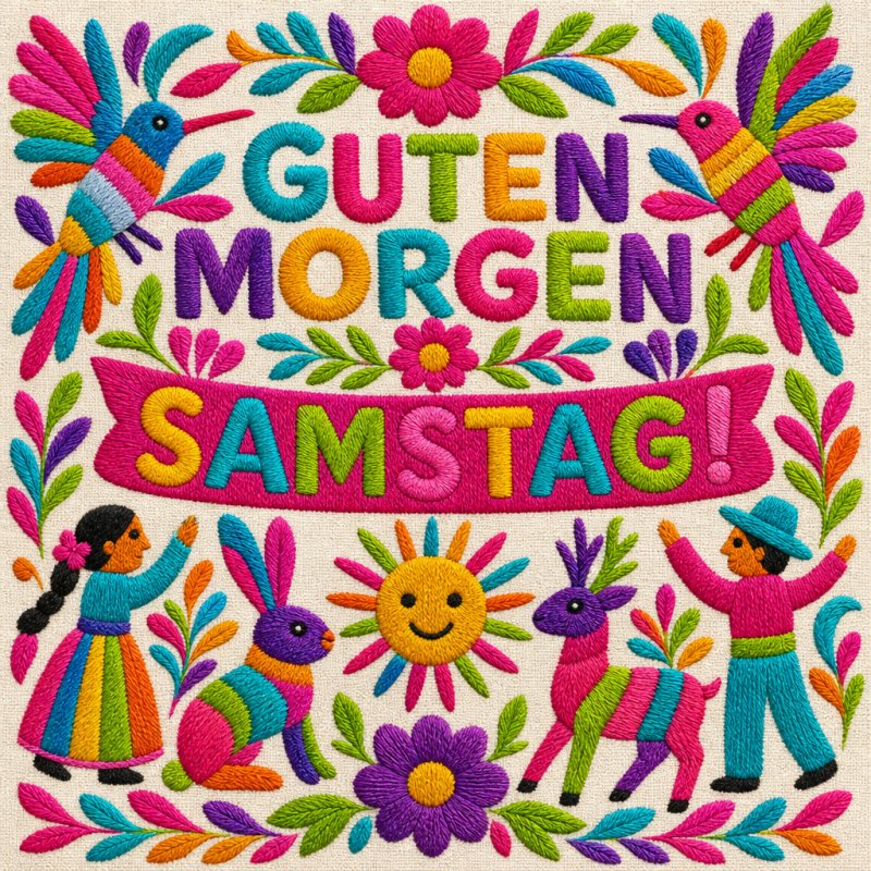 Ein farbenfroher Guten-Morgen-Gruß mit Stickereien von Vögeln, Hasen, Blumen und fröhlichen Menschen verleiht dem Samstag eine lebendige Stimmung.