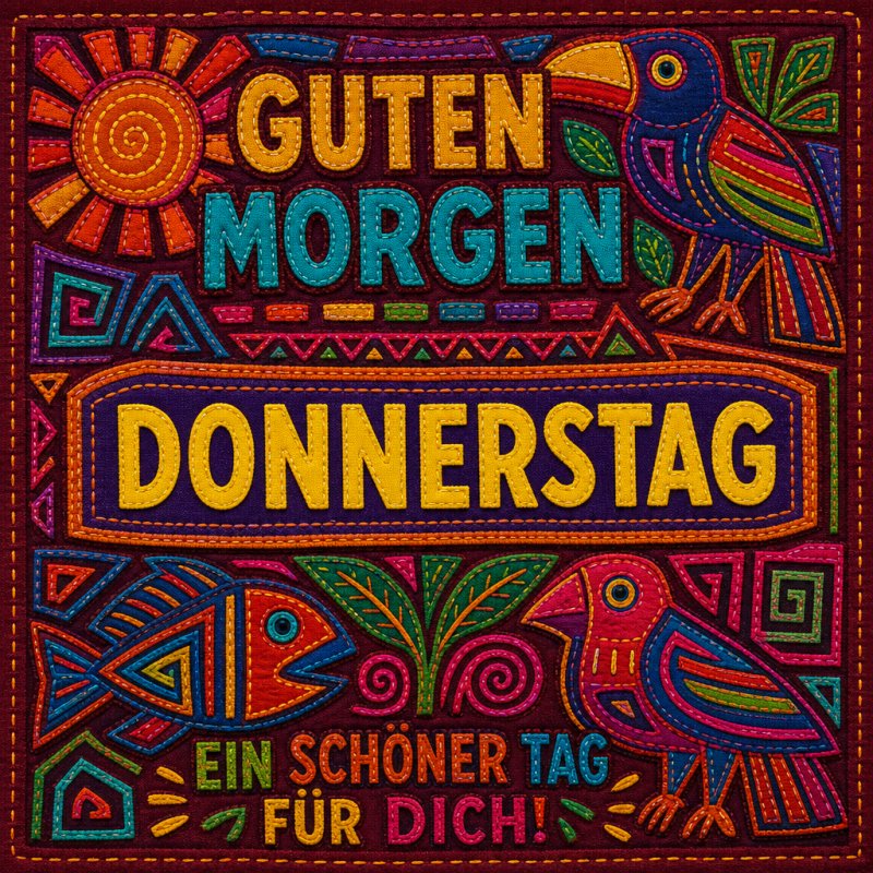 Ein farbenfroher Guten-Morgen-Gruß mit tropischen Vögeln, Fischen und Blättern in leuchtenden Farben vor einem Stickerei-Hintergrund, passend zum Donnerstag.