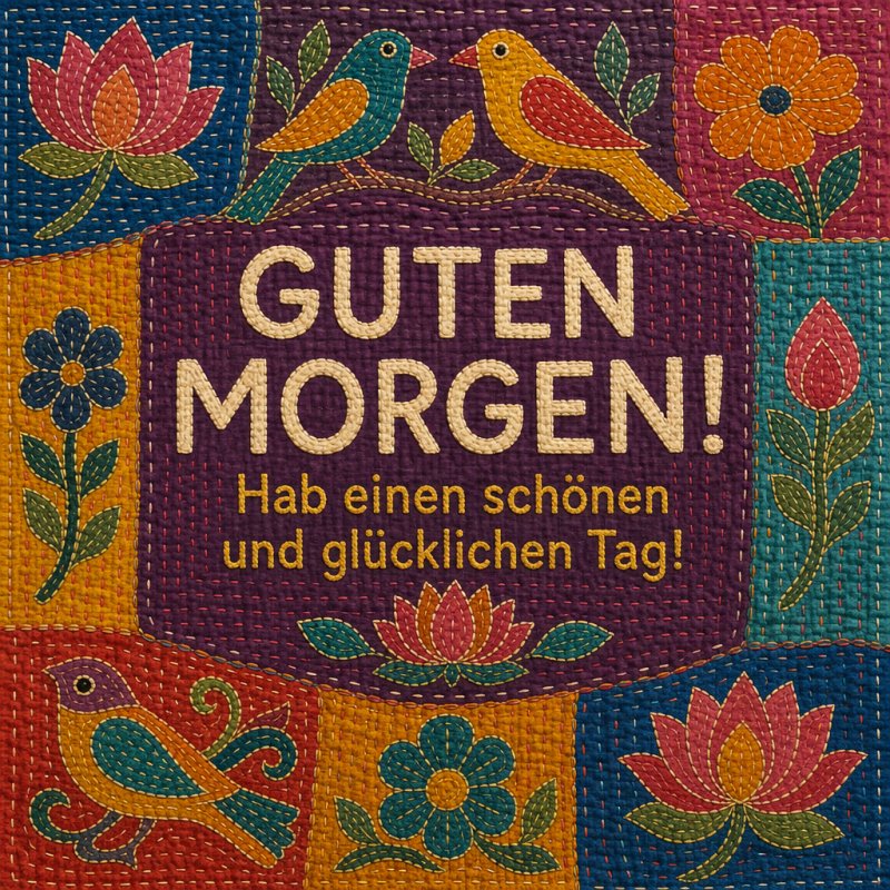 Ein bunter Guten-Morgen-Gruß mit stilisierten Vögeln und Blumen im Patchwork-Stil vermittelt eine fröhliche und positive Stimmung.