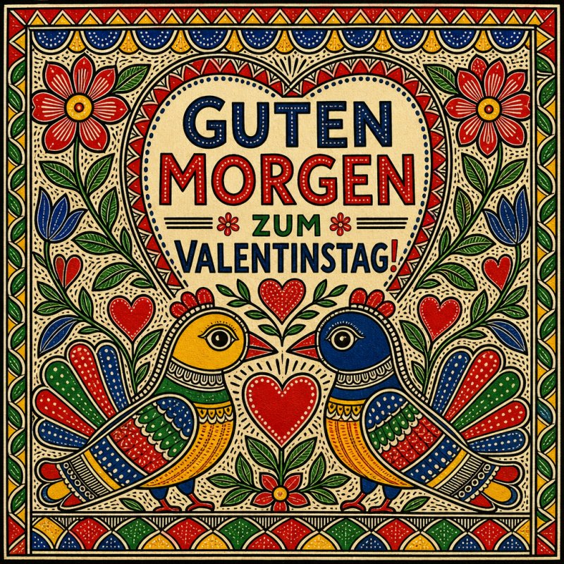Ein lebendiger Valentinstagsgruß mit zwei bunten Vögeln umgeben von Herzen und Blumen im folkloristischen Stil, ergänzt durch 'Guten Morgen' Text.