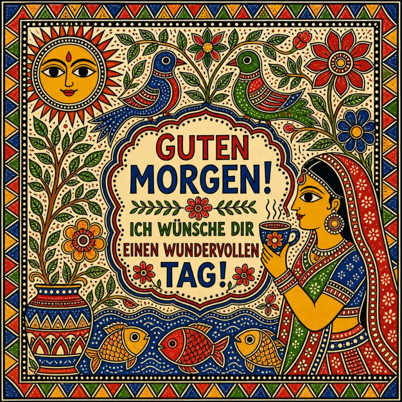 Ein farbenfrohes Volkskunst-Design mit Vögeln, Fischen, Blumen und einer Frau, die eine Tasse hält, umgeben von dem Text eines Guten-Morgen-Grußes.