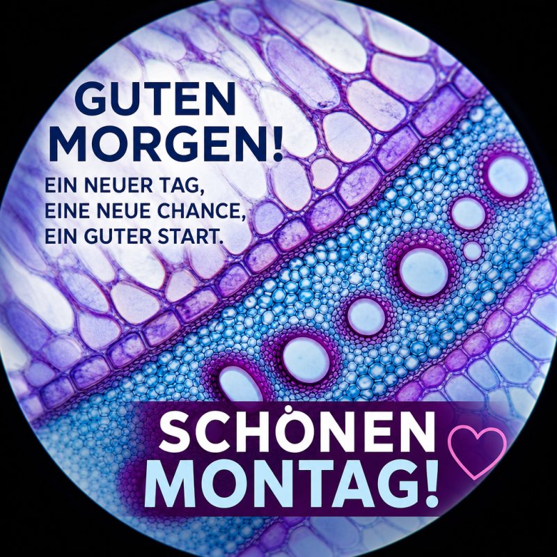 Ein bunter und abstrakter Hintergrund zeigt eine Zellstruktur in Violett- und Blautönen, ideal für einen frischen Guten-Morgen-Gruß am Montag.
